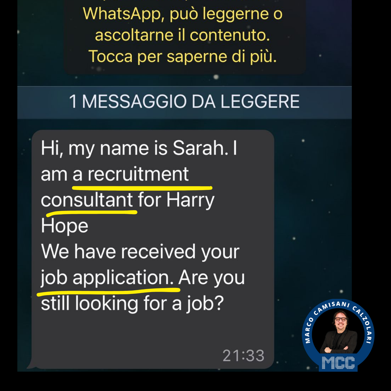 Falsa proposta di lavoro via WhatsApp - Marco Camisani Calzolari